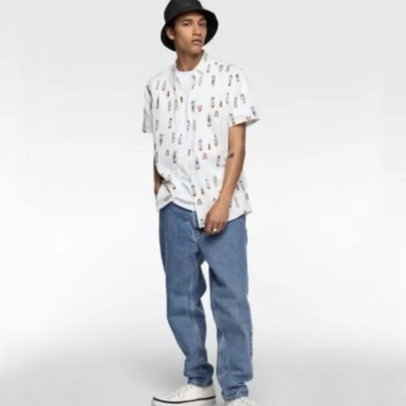 ZARA Mens White Boat Print Casual Shirt Short Sleeve Botton Regular Fit Up Sz XL - Picture 2 of 8